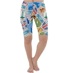 Travel Pattern Immigration Stamps Stickers With Historical Cultural Objects Travelling Visa Immigran Cropped Leggings  by Pakemis