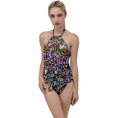 Graffiti Word Seamless Pattern Go With The Flow One Piece Swimsuit by Pakemis