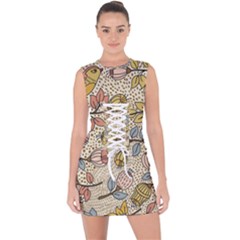 Seamless Pattern With Flower Bird Lace Up Front Bodycon Dress by Pakemis