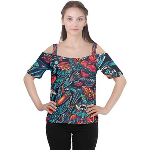 Vintage Tattoos Colorful Seamless Pattern Cutout Shoulder Tee by Pakemis