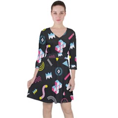 Memphis Design Seamless Pattern Quarter Sleeve Ruffle Waist Dress by Pakemis