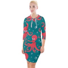 Cute Smiling Red Octopus Swimming Underwater Quarter Sleeve Hood Bodycon Dress by Pakemis