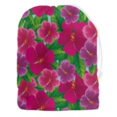 Background-cute-flowers-fuchsia-with-leaves Drawstring Pouch (3xl) by Pakemis