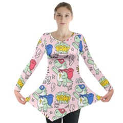 Seamless-pattern-with-many-funny-cute-superhero-dinosaurs-t-rex-mask-cloak-with-comics-style-inscrip Long Sleeve Tunic  by Pakemis