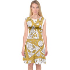 Vector-seamless-pizza-slice-pattern-hand-drawn-pizza-illustration-great-pizzeria-menu-background - Capsleeve Midi Dress by Pakemis