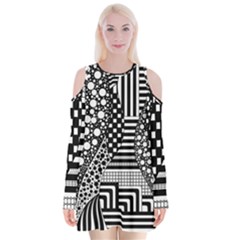 Black And White Velvet Long Sleeve Shoulder Cutout Dress by gasi