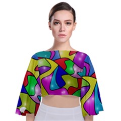 Colorful Abstract Art Tie Back Butterfly Sleeve Chiffon Top by gasi