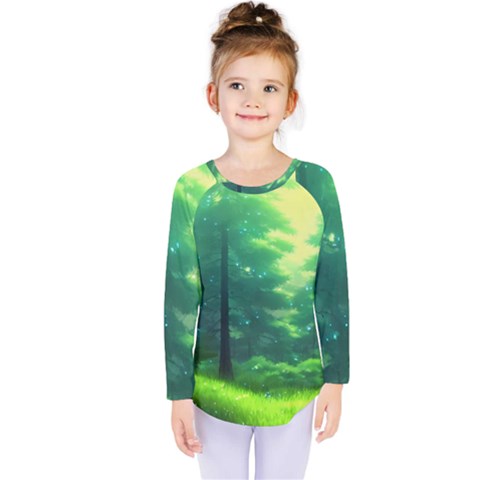 Anime Forrest Nature Fantasy Sunset Trees Woods Kids  Long Sleeve Tee by Uceng