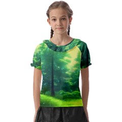 Anime Forrest Nature Fantasy Sunset Trees Woods Kids  Frill Chiffon Blouse by Uceng
