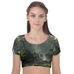Waterfall River Fantasy Dream Planet Matte Velvet Short Sleeve Crop Top  by Uceng