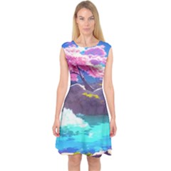 Fantasy Japan Mountains Cherry Blossoms Nature Capsleeve Midi Dress by Uceng