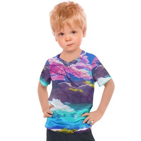 Fantasy Japan Mountains Cherry Blossoms Nature Kids  Sports Tee by Uceng