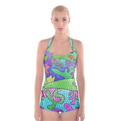 Colorful Stylish Design Boyleg Halter Swimsuit  by gasi