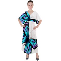 Blue And Pink Butterfly Illustration, Monarch Butterfly Cartoon Blue, Cartoon Blue Butterfly Free Pn V-neck Boho Style Maxi Dress by asedoi