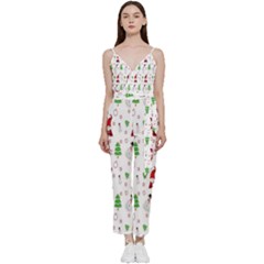 Santa Claus Snowman Christmas  V-neck Spaghetti Strap Tie Front Jumpsuit by artworkshop