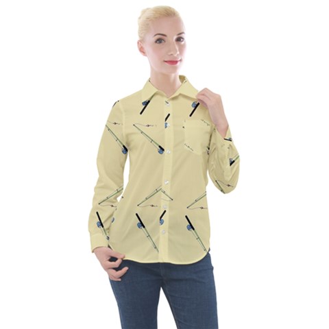 Fishing Rods Pattern Brown Women s Long Sleeve Pocket Shirt by TetiBright