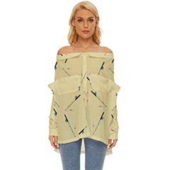 Fishing Rods Pattern Brown Off Shoulder Chiffon Pocket Shirt by TetiBright