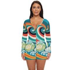 Wave Waves Ocean Sea Abstract Whimsical Long Sleeve Boyleg Swimsuit by Jancukart