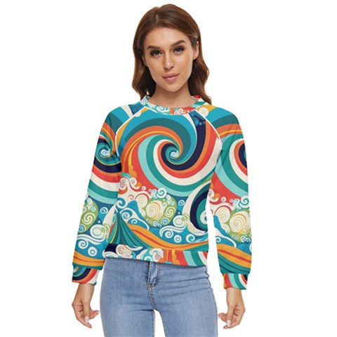 Wave Waves Ocean Sea Abstract Whimsical Women s Long Sleeve Raglan Tee by Jancukart