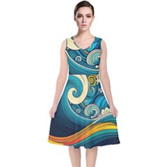 Waves Wave Ocean Sea Abstract Whimsical V-neck Midi Sleeveless Dress  by Jancukart