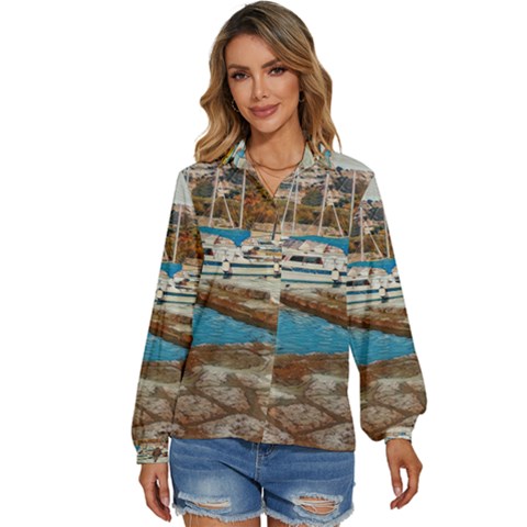 Alone On Gardasee, Italy  Women s Long Sleeve Button Down Shirt by ConteMonfrey
