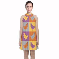 Chickens Pixel Pattern - Version 1a Velvet Halter Neckline Dress  by wagnerps
