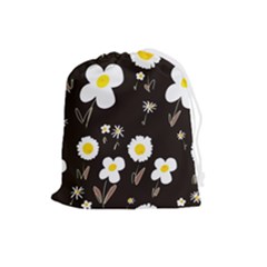 Daisy Flowers White Yellow Black  Drawstring Pouch (large) by Mazipoodles