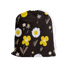 Daisy Flowers White Yellow Brown Black Drawstring Pouch (xl) by Mazipoodles