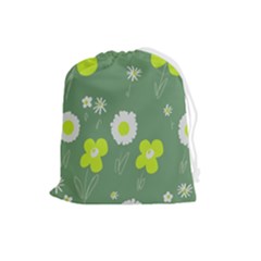 Daisy Flowers Lime Green White Forest Green  Drawstring Pouch (large) by Mazipoodles