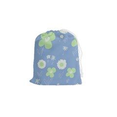 Daisy Flowers Pastel Green White Blue  Drawstring Pouch (small) by Mazipoodles