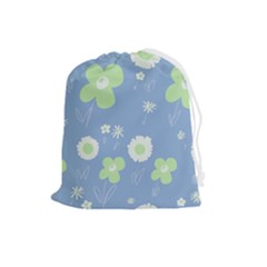 Daisy Flowers Pastel Green White Blue  Drawstring Pouch (large) by Mazipoodles