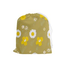 Daisy Flowers Yellow White Olive  Drawstring Pouch (large) by Mazipoodles