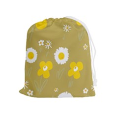 Daisy Flowers Yellow White Olive  Drawstring Pouch (xl) by Mazipoodles