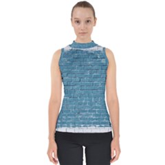 White And Blue Brick Wall Mock Neck Shell Top by artworkshop