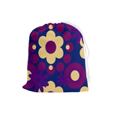 Flowers Pearls And Donuts Purple Burgundy Peach Navy Drawstring Pouch (large) by Mazipoodles