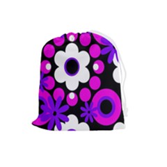 Flowers Pearls And Donuts Purple Hot Pink White Black  Drawstring Pouch (large) by Mazipoodles