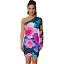 Floral print  Long Sleeve One Shoulder Mini Dress View1