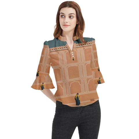 Person Stands By Tall Orange Wall And Looks- Up Loose Horn Sleeve Chiffon Blouse by artworkshop