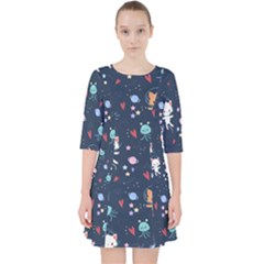 Cute-astronaut-cat-with-star-galaxy-elements-seamless-pattern Quarter Sleeve Pocket Dress by Vaneshart
