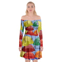 Umbrellas Colourful Off Shoulder Skater Dress by artworkshop