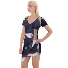 Ski Mask  Short Sleeve Asymmetric Mini Dress by Holyville