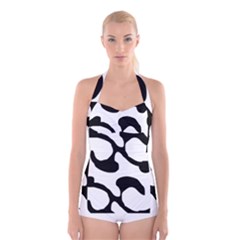 Black And White Swirl Pattern T- Shirt Black And White Swirl Pattern T- Shirt Boyleg Halter Swimsuit  by maxcute