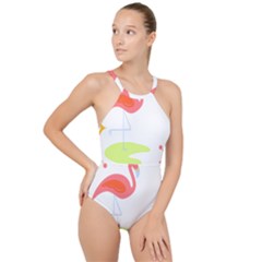 Flamingo T- Shirt Mid- Century Modern Pink Flamingo With Retro Icons Repeating Pattern T- Shirt High Neck One Piece Swimsuit by maxcute