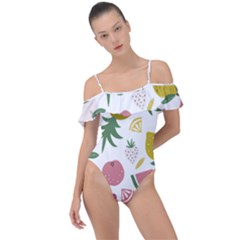 Fruits T- Shirt Funny Summer Fruits Collage Fruit Bright Colors T- Shirt Frill Detail One Piece Swimsuit by maxcute