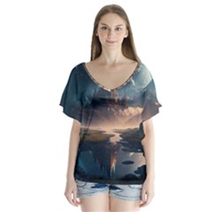 Space Planet Universe Galaxy Moon V-neck Flutter Sleeve Top by Ravend