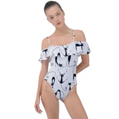 Pattern Cats Black Feline Kitten Frill Detail One Piece Swimsuit by Ravend