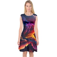 Ocean Sea Wave Clouds Mountain Colorful Sky Art Capsleeve Midi Dress by Pakemis