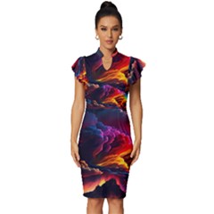 Ocean Sea Wave Clouds Mountain Colorful Sky Art Vintage Frill Sleeve V-neck Bodycon Dress by Pakemis