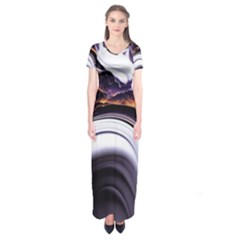 Marble Abstract Water Gold Dark Pink Purple Art Short Sleeve Maxi Dress by Pakemis