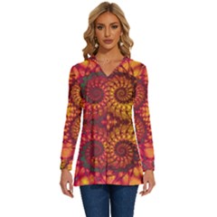 Abstract Art Pattern Fractal Design Long Sleeve Drawstring Hooded Top by Ravend